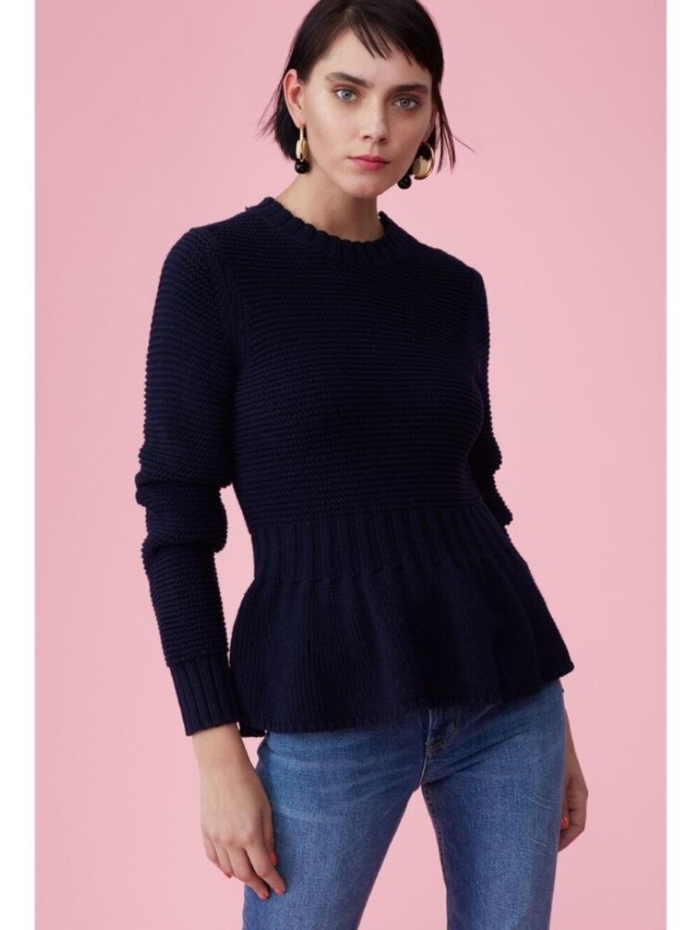 La Vie Rebecca Taylor navy blue peplum cotton and wool blend sweater